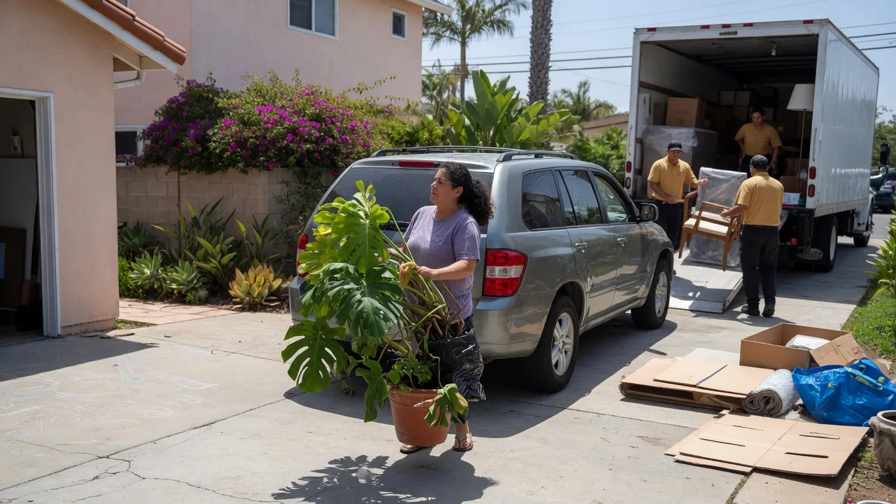 Homeowner carrying an indoor potted houseplant toward a family car while a moving truck is loaded