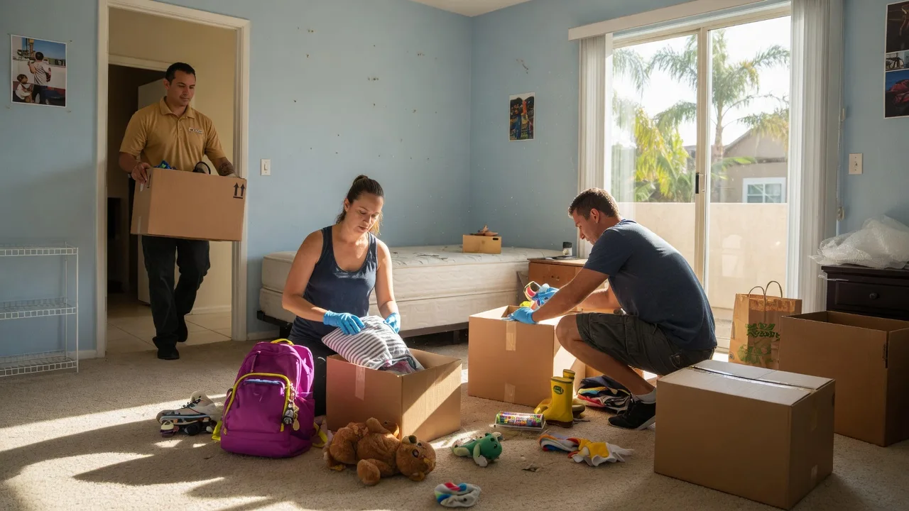 Parents packing a child's bedroom with backpack, toys, and plain moving boxes