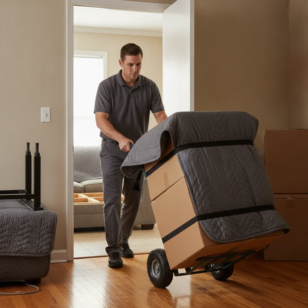 Mover guiding a loaded hand truck through an apartment doorway