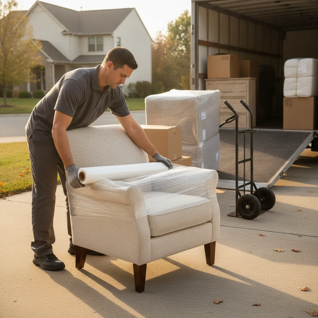 Mover wrapping an upholstered chair on an Oceanside driveway