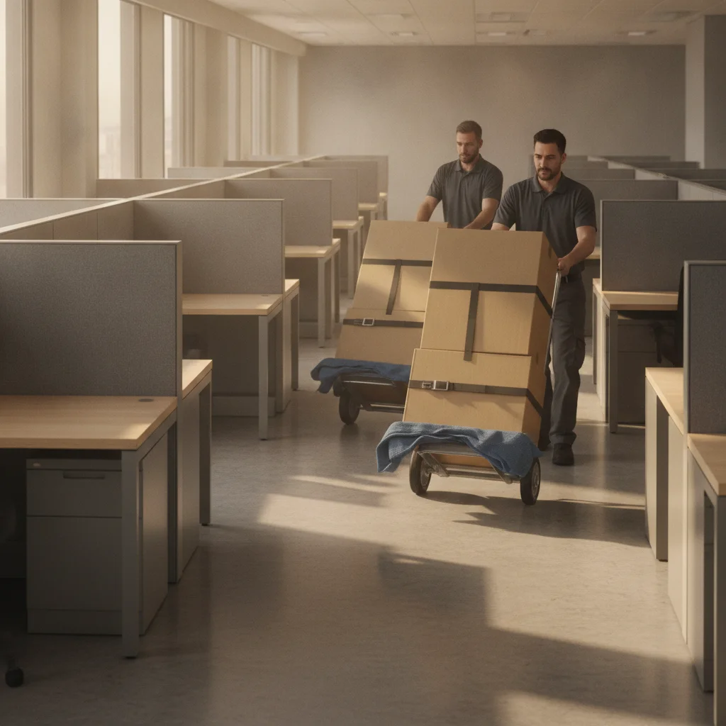 Movers wheel office crates past empty cubicles in Scripps Ranch