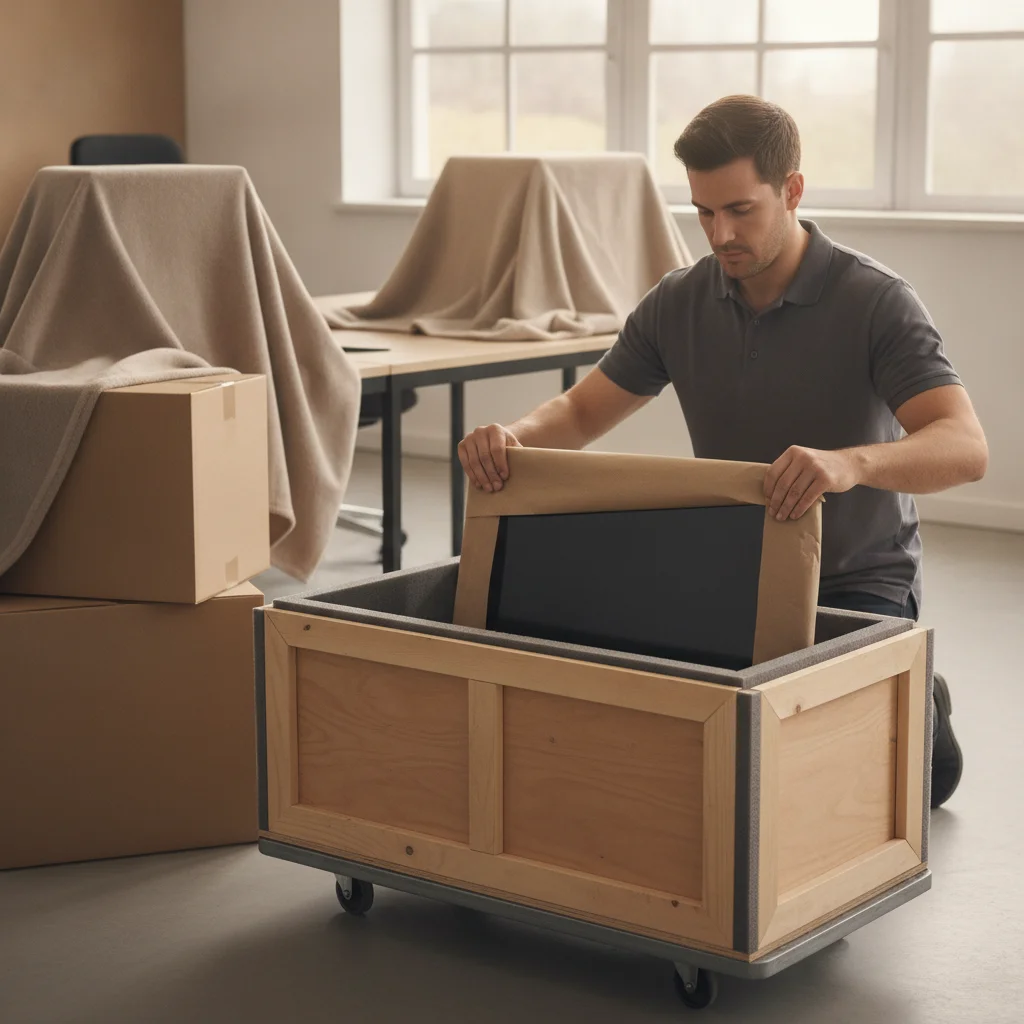 Mover wraps an office monitor and places it into a padded crate