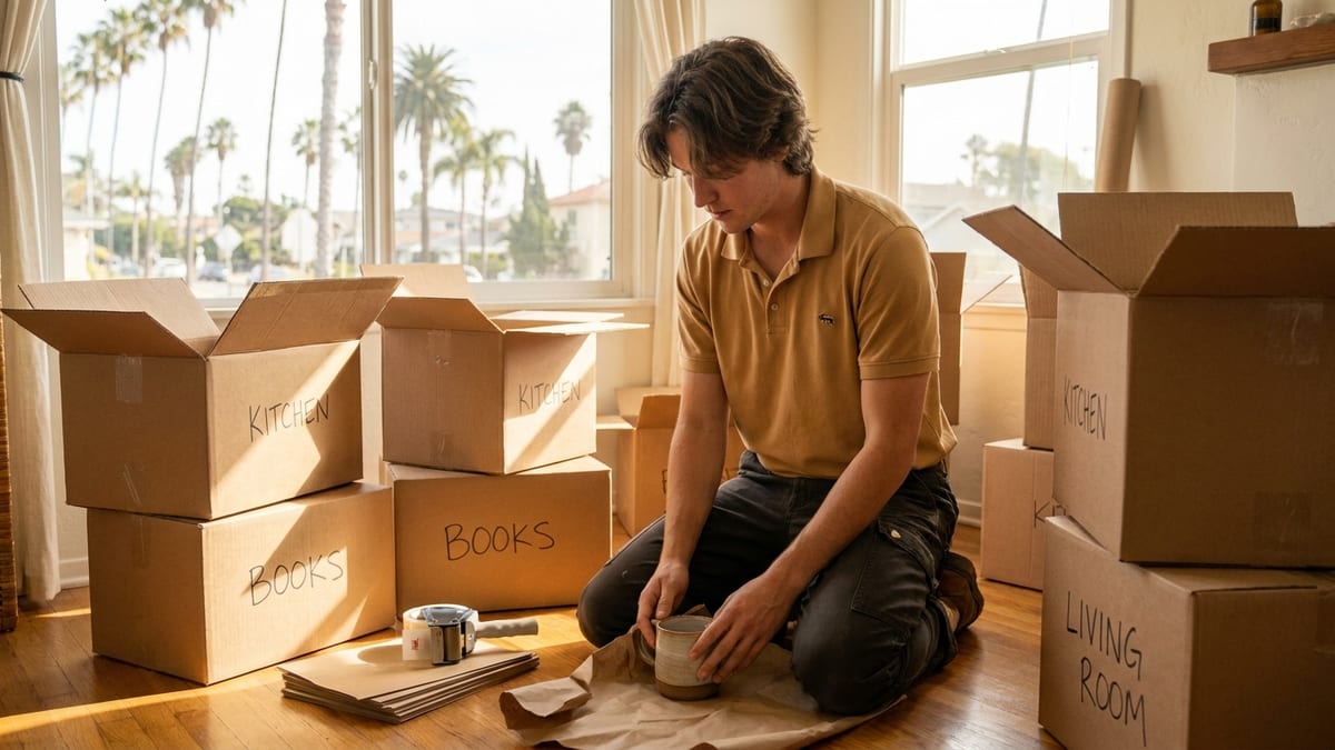 Person packing a living room with labeled boxes and packing paper in a sunlit San Diego home