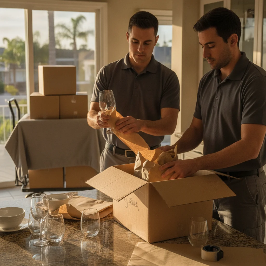 Two packers wrapping glassware at a kitchen counter