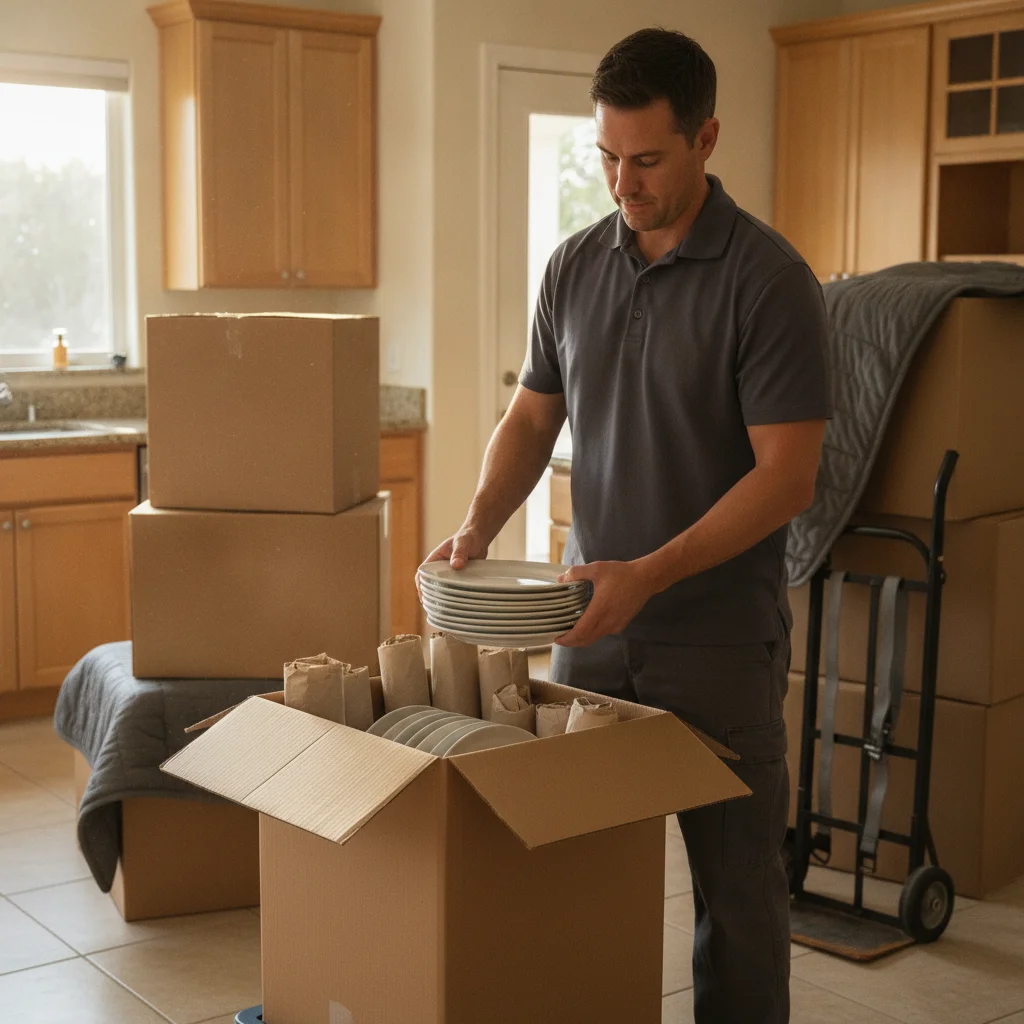Packer placing wrapped plates upright in a dish barrel box
