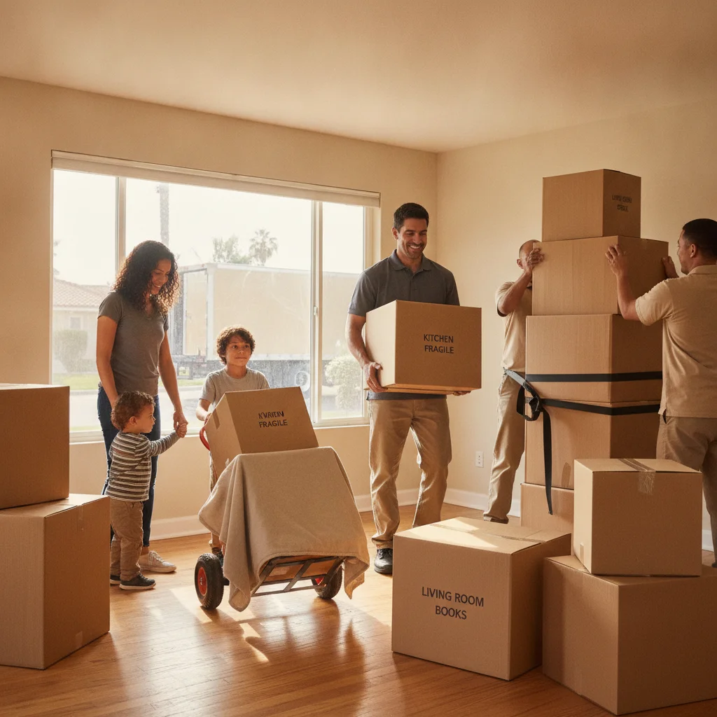 Military family organizing labeled boxes before a San Diego PCS move
