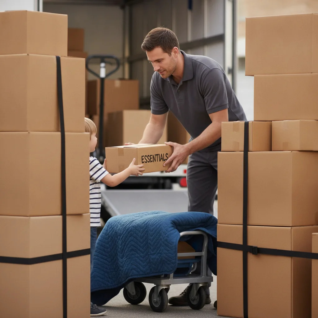 Parent giving a child a labeled essentials box during a PCS move