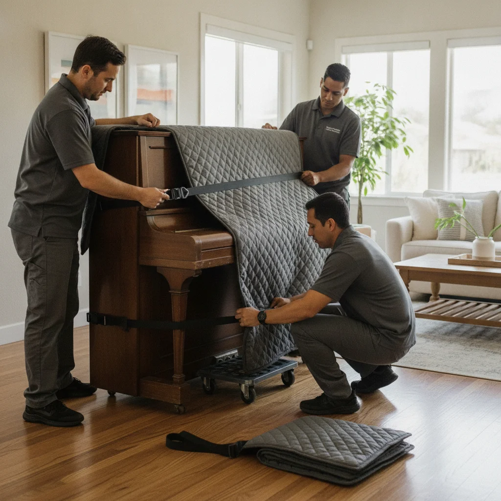Specialty movers wrapping an upright piano in a San Diego living room