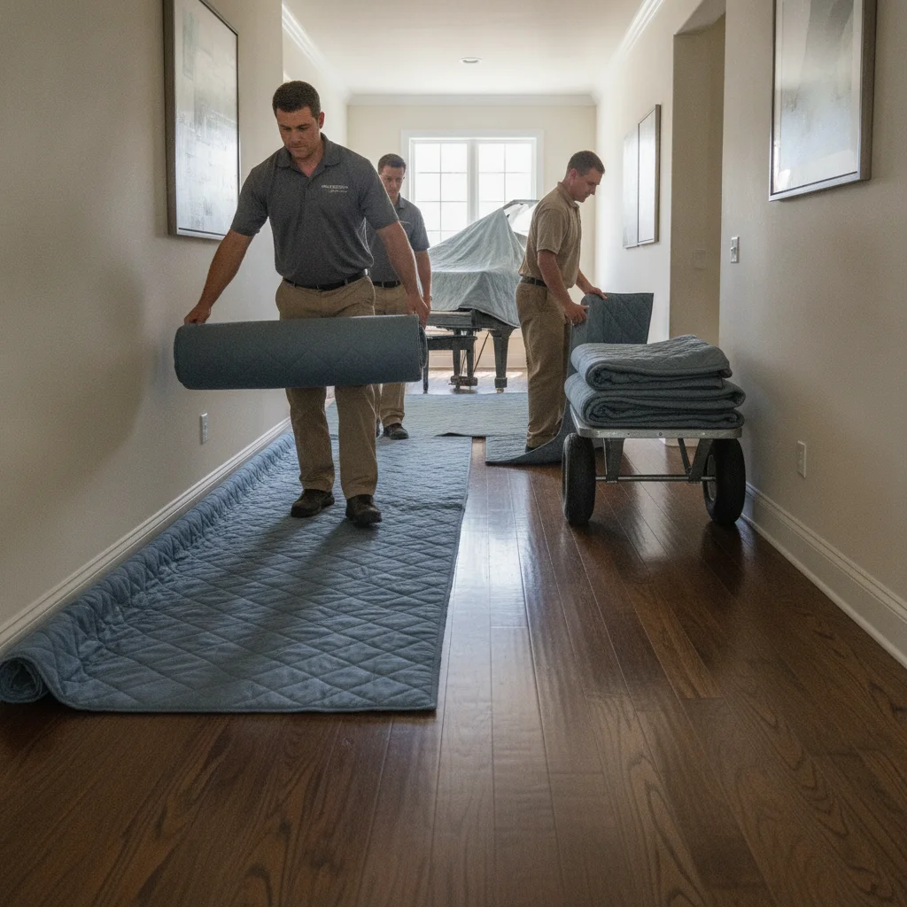 Movers laying floor runners along a hallway before moving a piano
