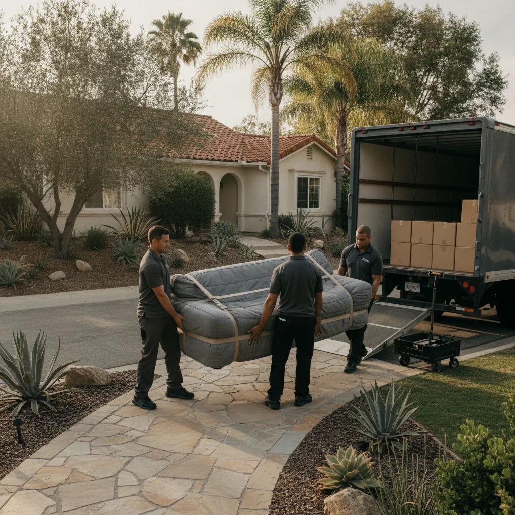Movers carrying a wrapped sofa outside a Rancho Bernardo home