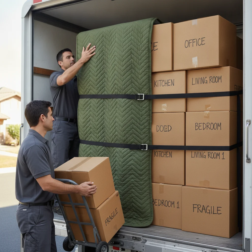 Labeled boxes and a wrapped bookcase inside a moving truck