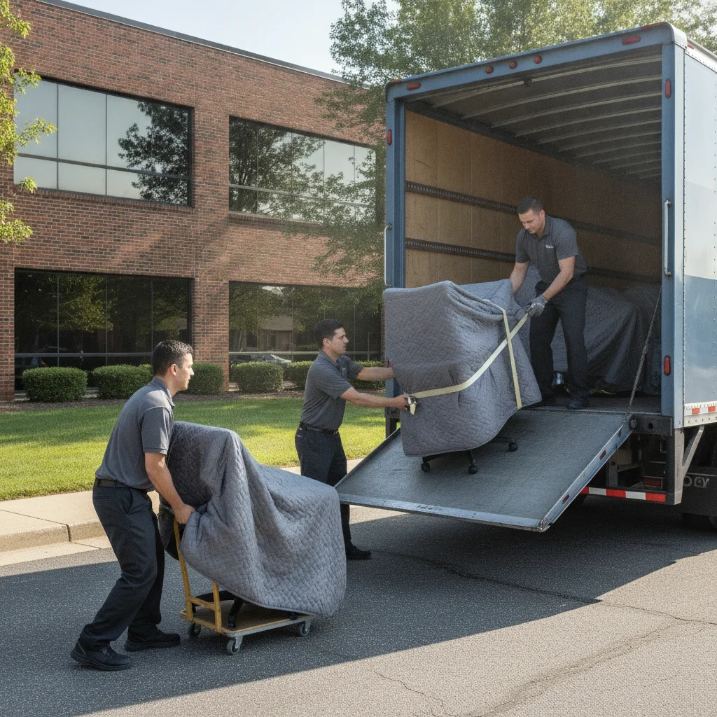 Movers loading wrapped office chairs and monitors outside an office