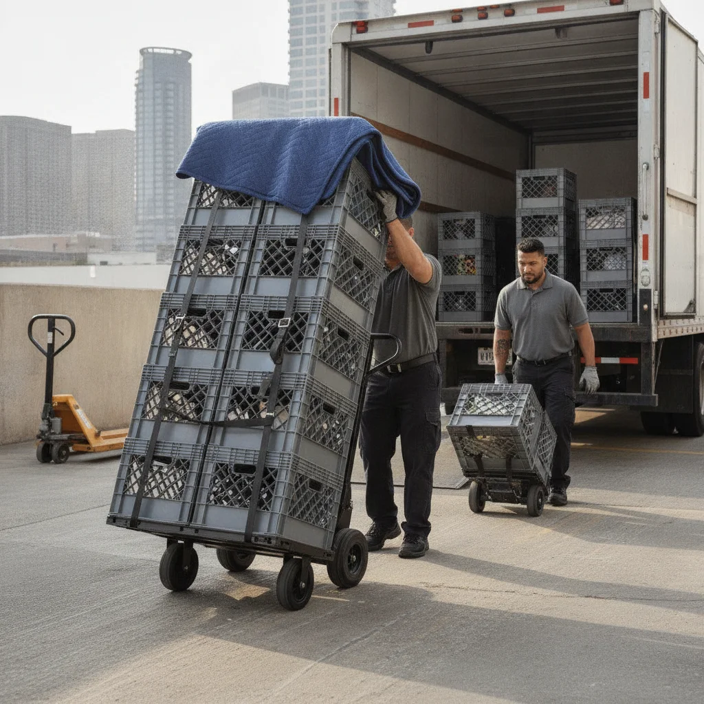 Movers rolling stacked office crates toward a moving truck