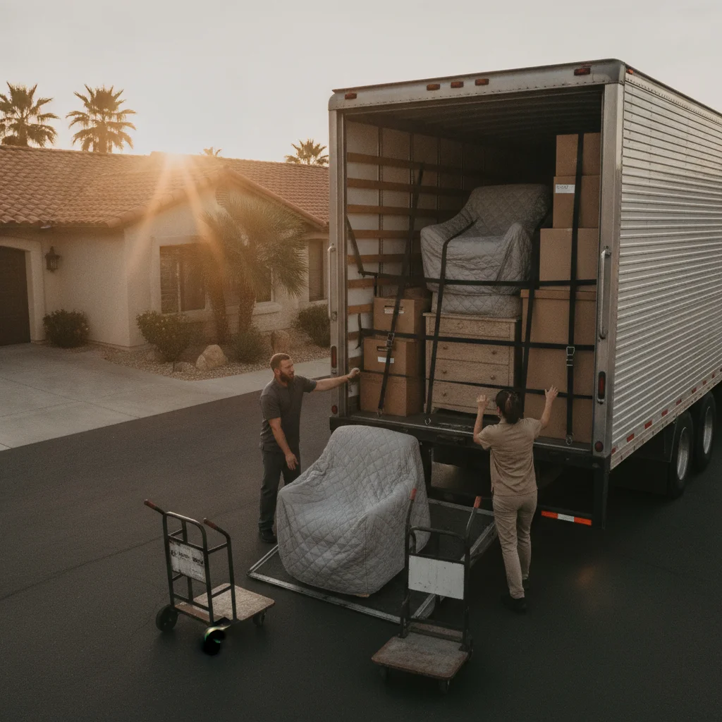 Movers closing a loaded long-haul trailer outside a San Diego home