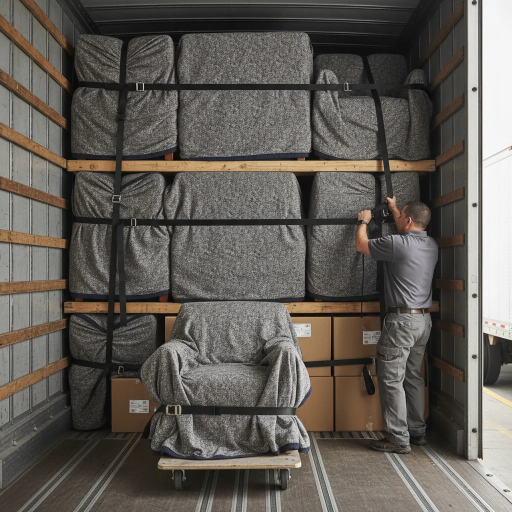Blanket-wrapped furniture secured inside a long-haul moving trailer