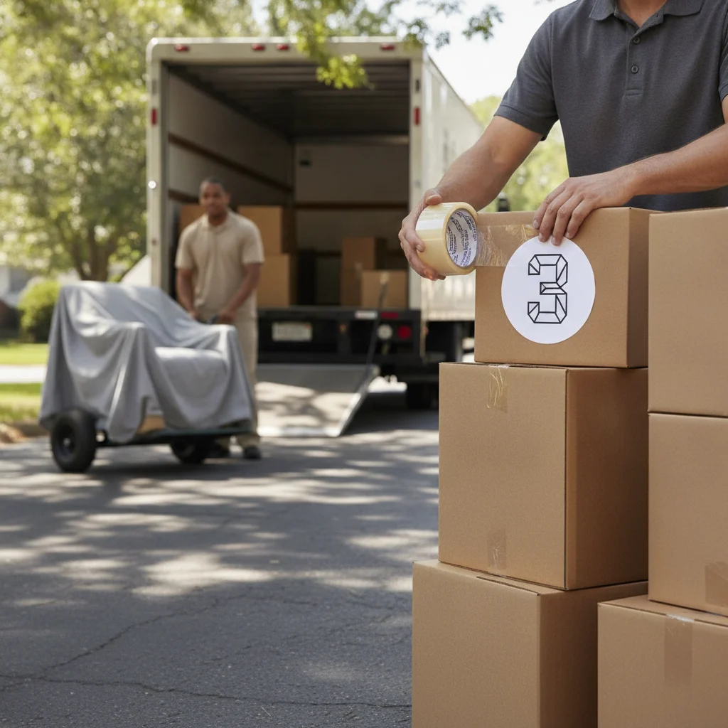 Mover placing a numbered label on a stacked moving box