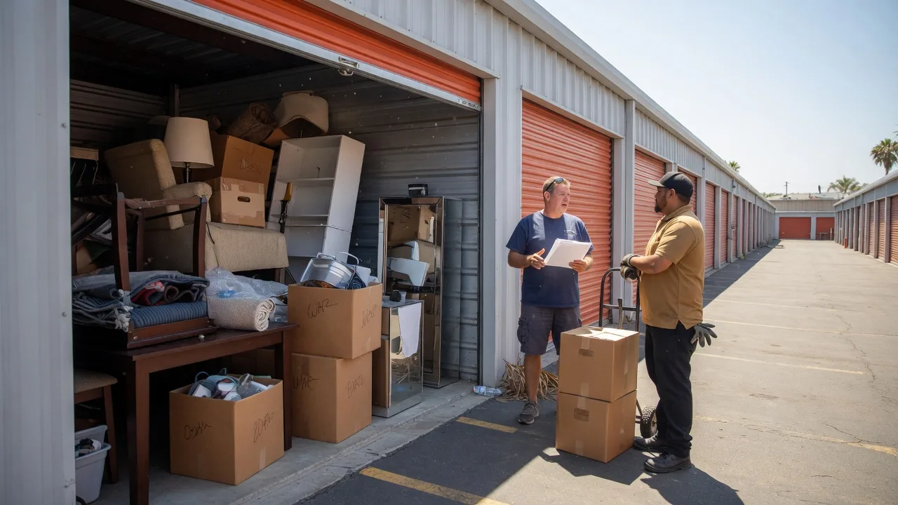 Homeowner and mover talking at an open storage unit roll-up door