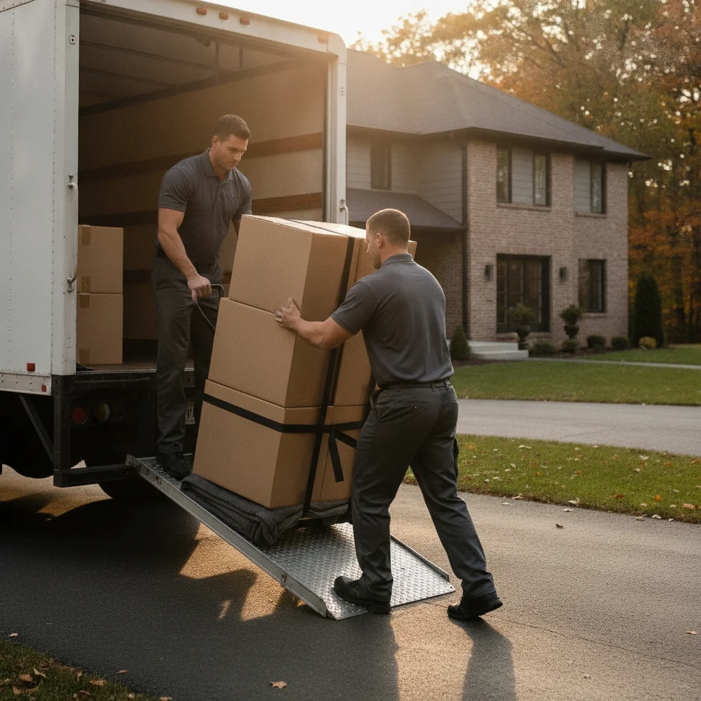 Movers unloading boxes from a customer-rented truck