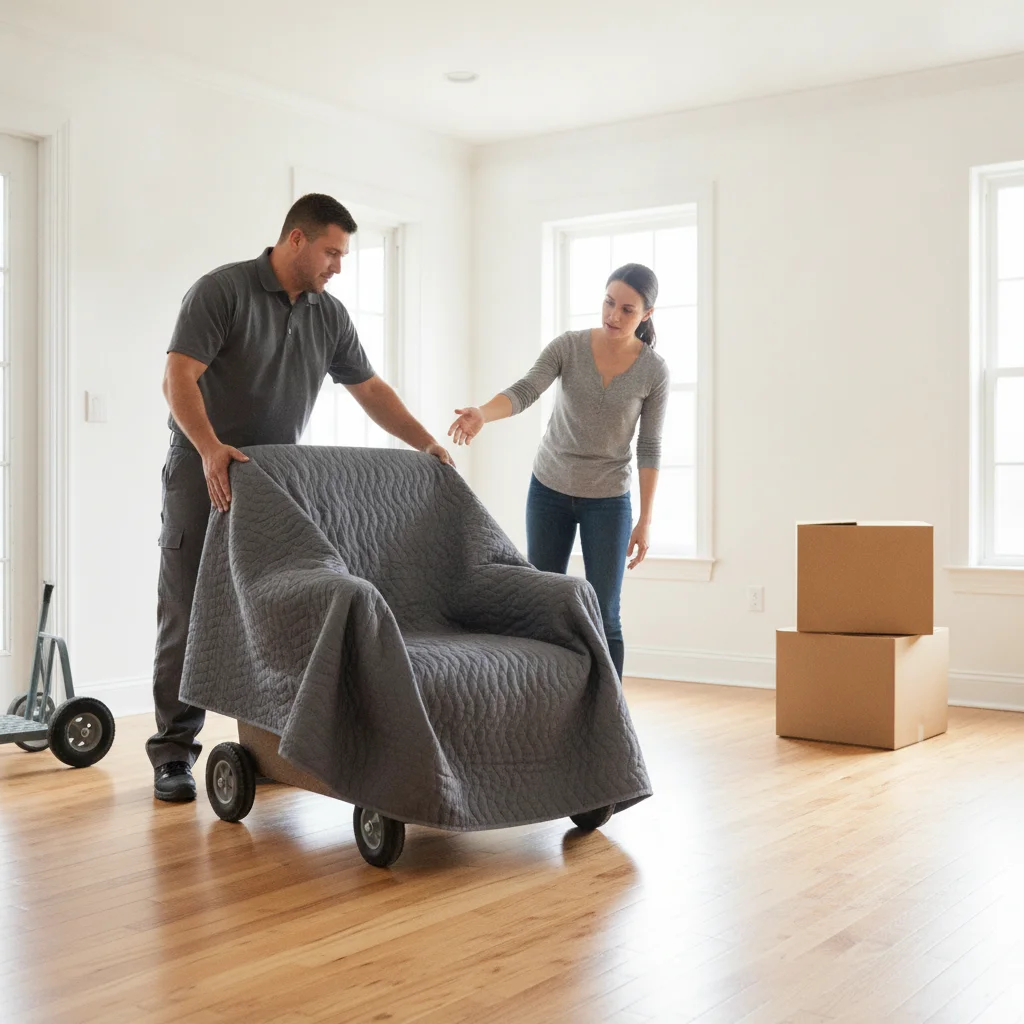 Mover placing a wrapped chair as a homeowner directs