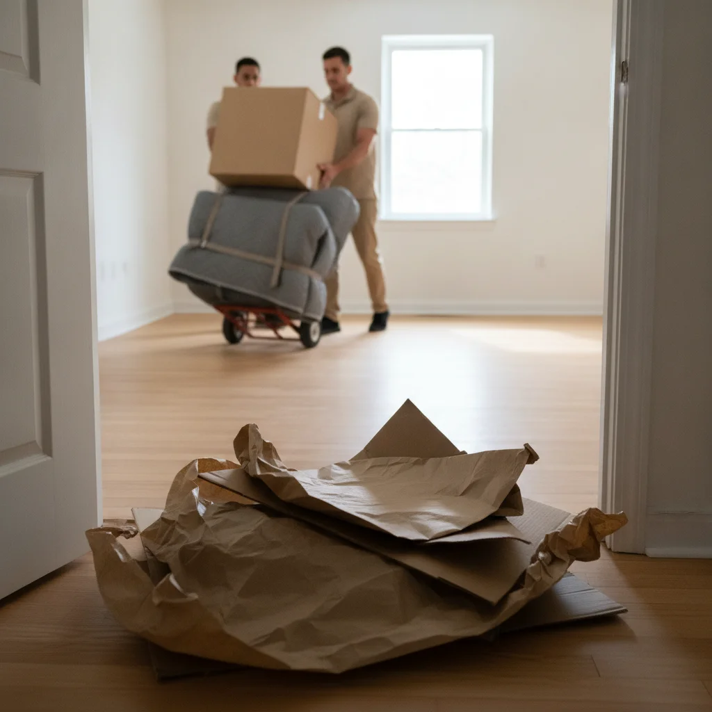 Flattened boxes and used packing paper gathered beside a doorway