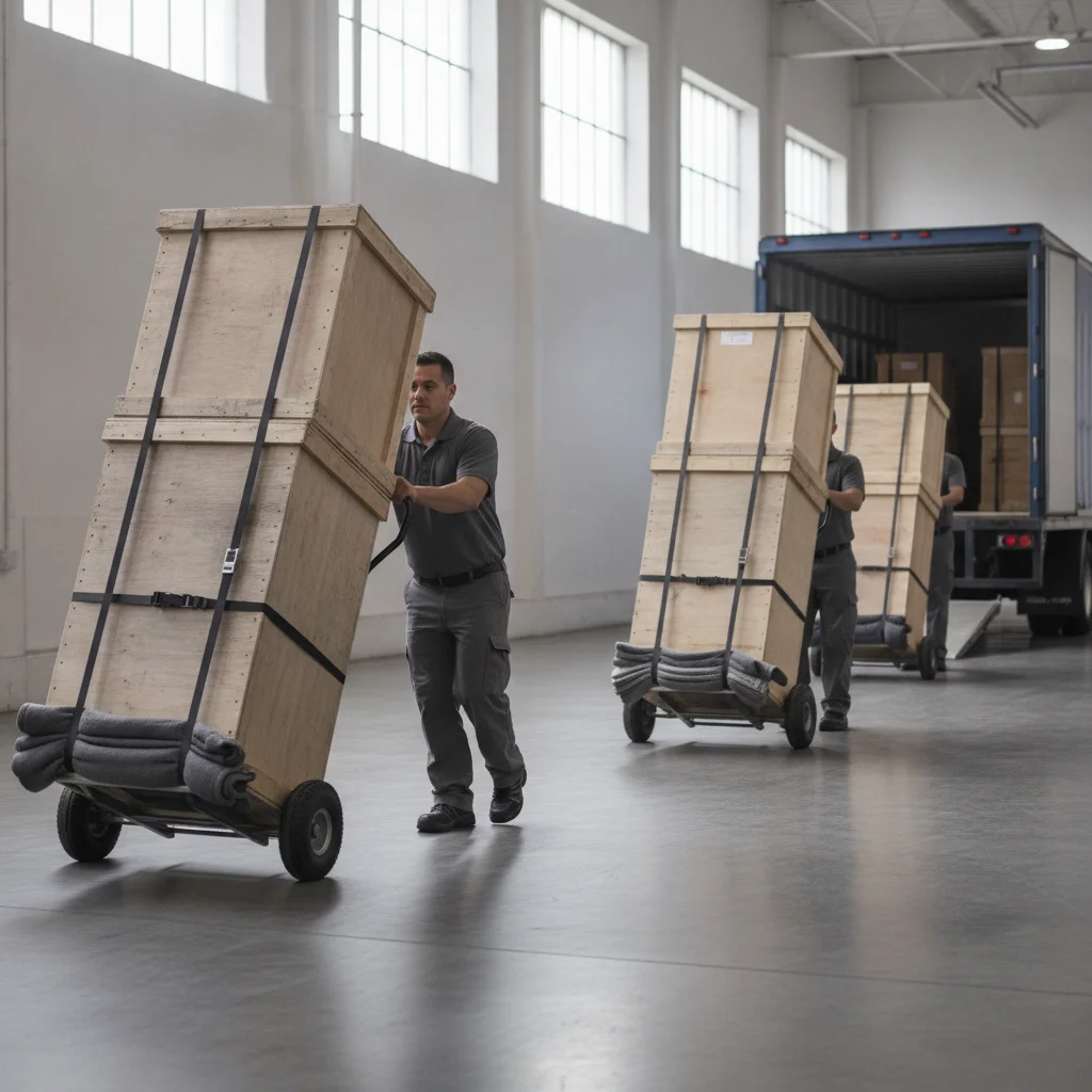 Independent movers rolling commercial crates through a warehouse aisle