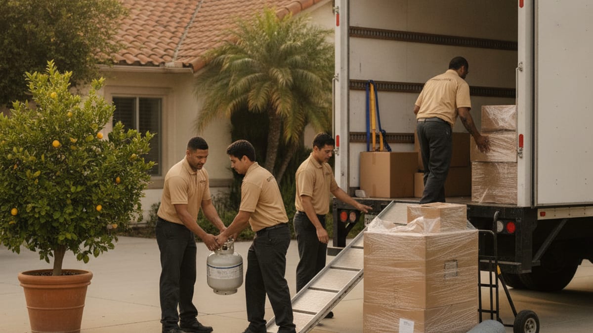 Movers in golden tan polos setting a propane tank and a small potted citrus tree aside on a San Diego driveway before loading a moving truck