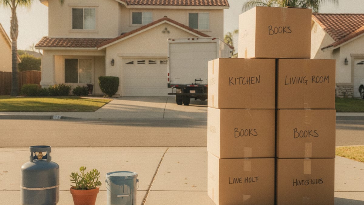 A propane tank, a can of paint, and a small potted plant set aside from a stack of labeled moving boxes on a driveway
