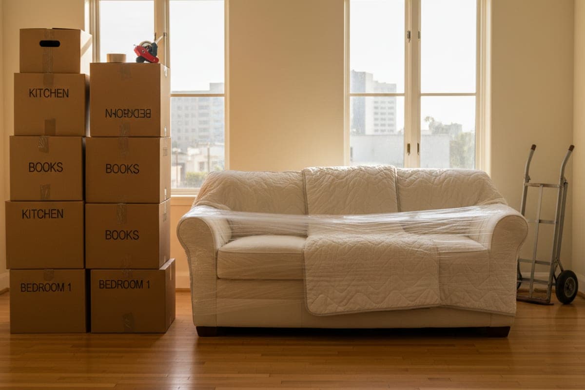 Master Movers San Diego lead mover reviewing a binding written estimate and inventory sheet with a homeowner in a San Diego living room