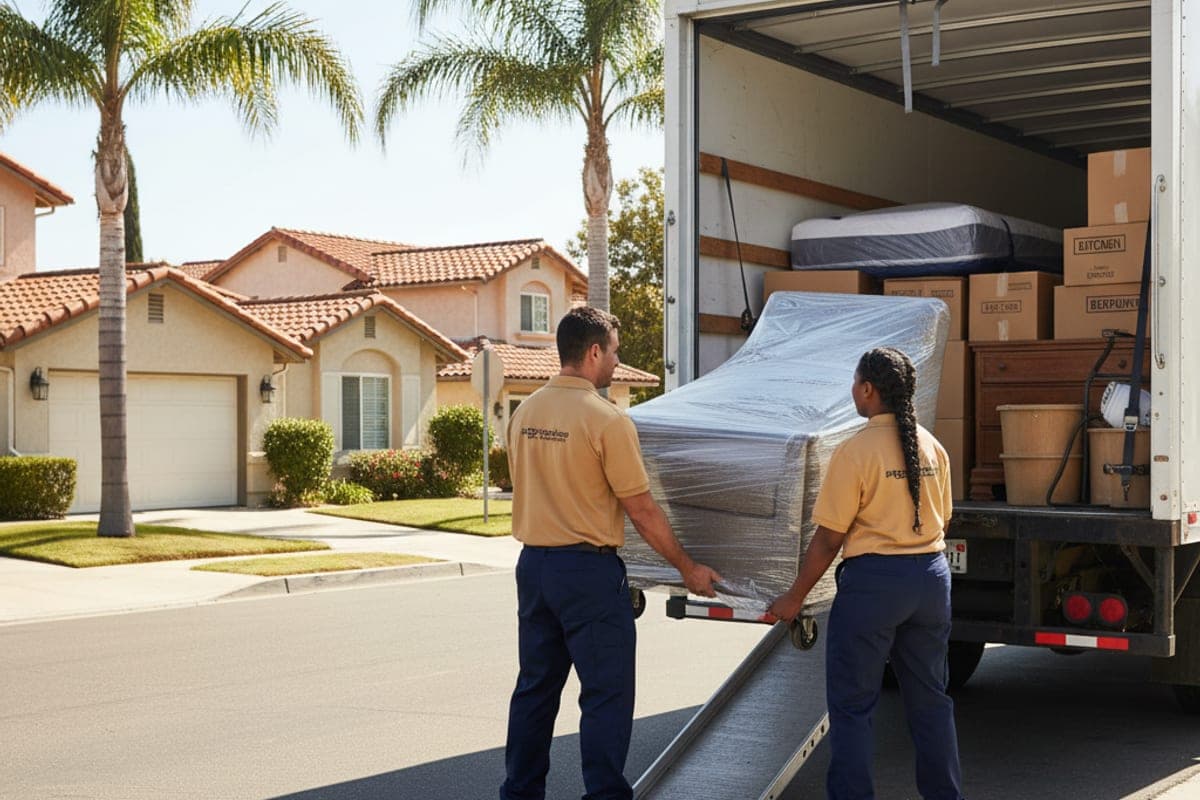 Master Movers San Diego uniformed crew loading boxes and furniture into a 26-foot moving truck on a San Diego residential street in warm afternoon light