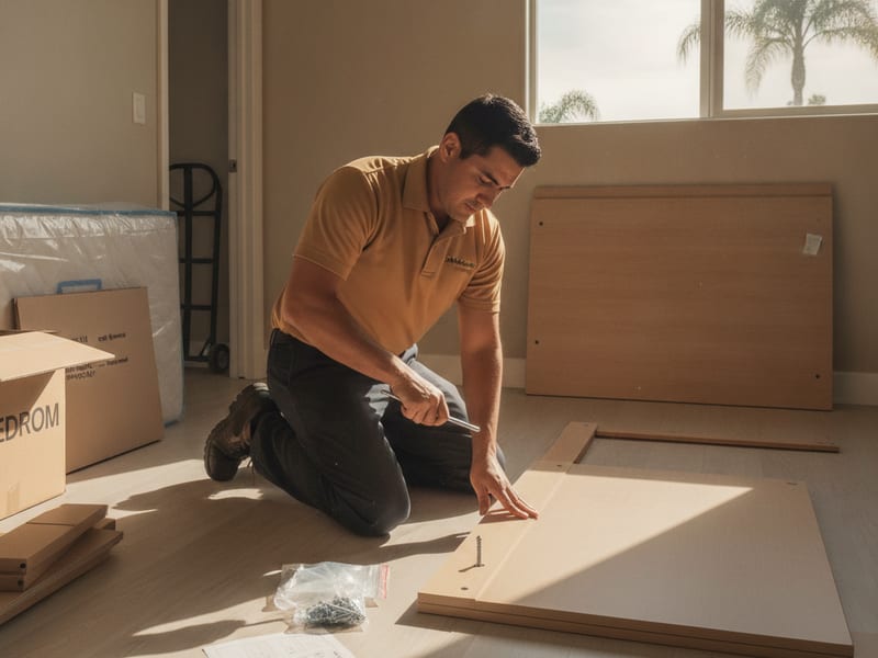 Master Movers San Diego mover in golden tan polo assembling a flat-pack bed frame with an allen key in a San Diego bedroom