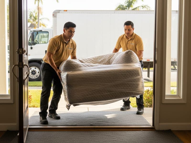 Two Master Movers San Diego movers in golden tan polos carrying a pad-wrapped sofa down San Diego front steps