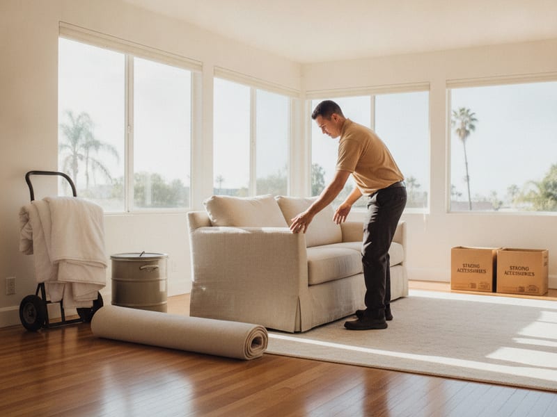 Master Movers San Diego mover in golden tan polo carefully placing a staged sofa in a San Diego living room ahead of a listing photo shoot