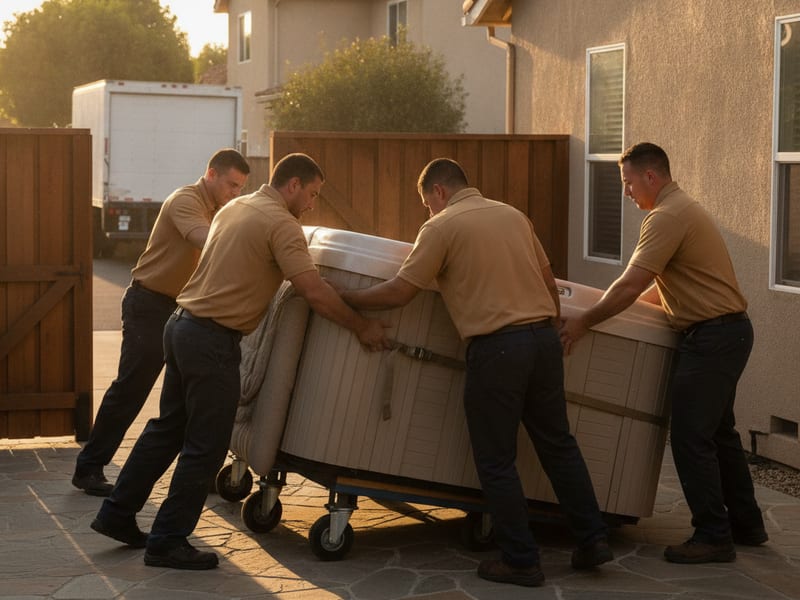 Master Movers San Diego movers in golden tan polos guiding a spa on furniture skates through a side yard toward a waiting flatbed
