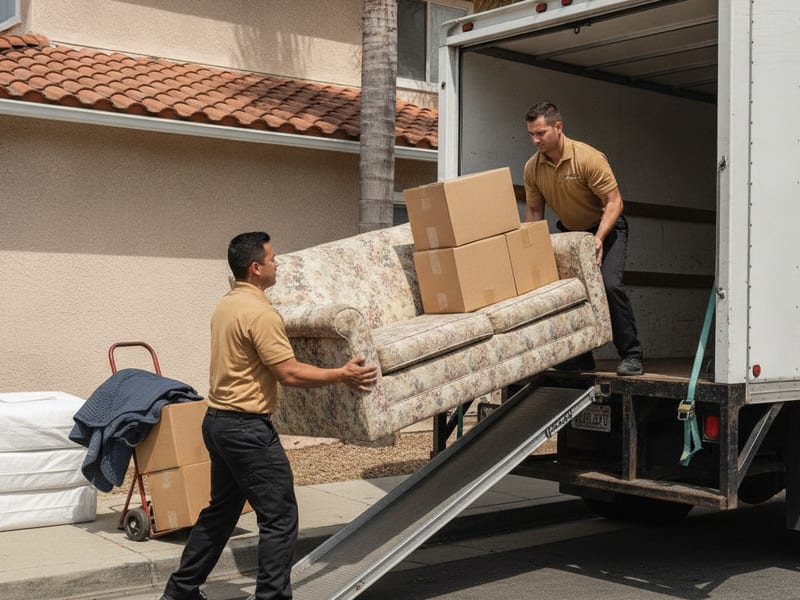 Master Movers San Diego mover in golden tan polo loading a couch into a junk removal truck outside a San Diego garage