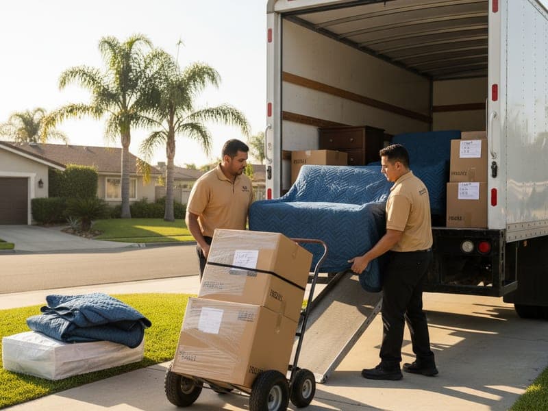 Master Movers San Diego crew in golden tan polos loading furniture into a customer-rented U-Haul in San Diego
