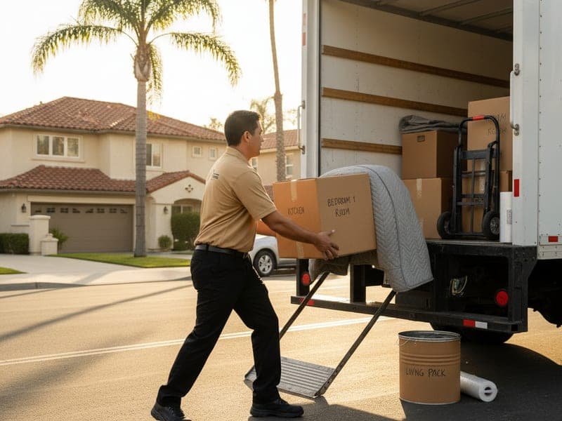 Master Movers San Diego truck pulling up curbside at a San Diego apartment for a same-day move with mover in golden tan polo