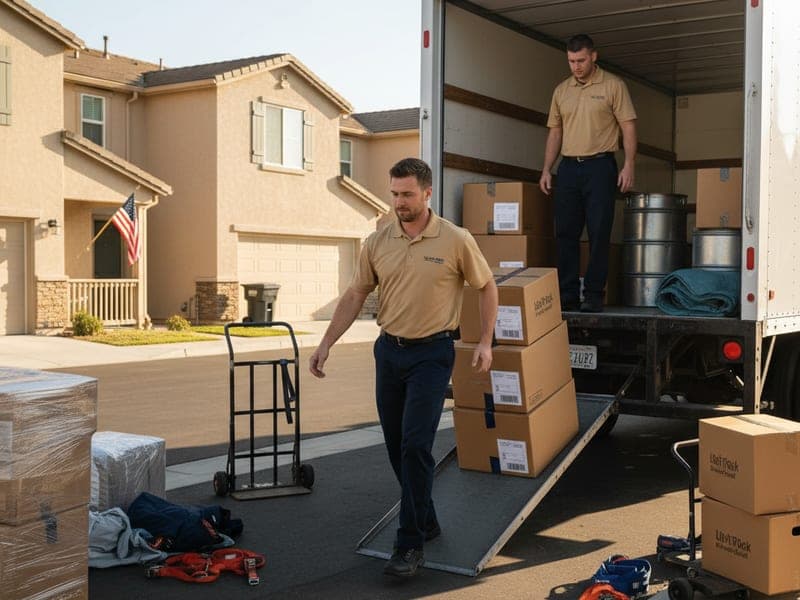 Master Movers San Diego truck staged at Camp Pendleton base housing for a PCS move with mover in golden tan polo