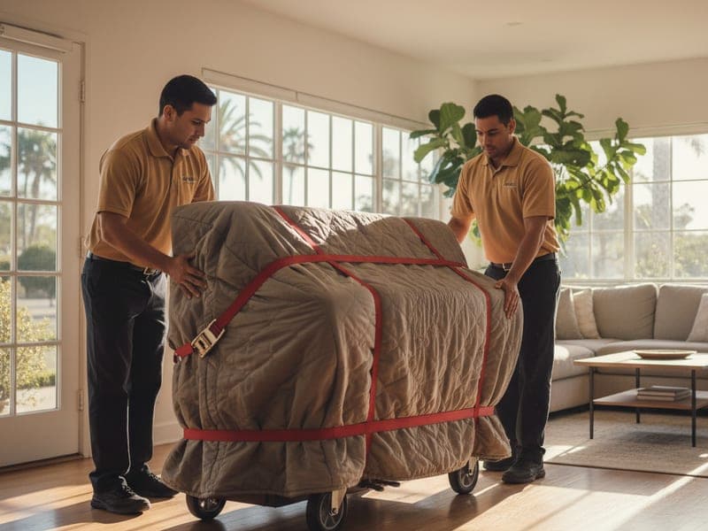 Four Master Movers San Diego movers in golden tan polos guiding an upright piano on a board down a San Diego stairwell