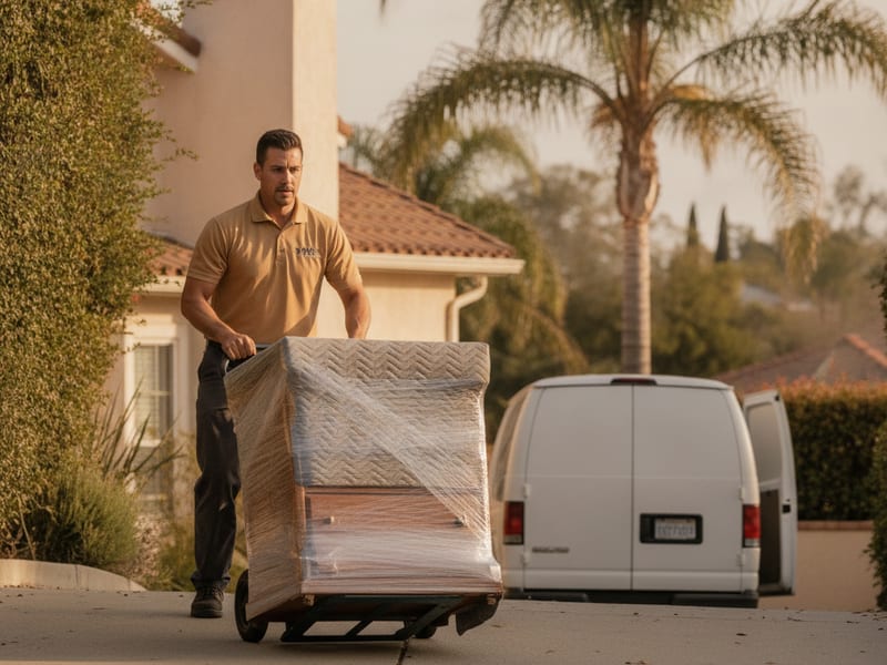 Master Movers San Diego mover in golden tan polo carrying a single dresser into a San Diego apartment on a small delivery run